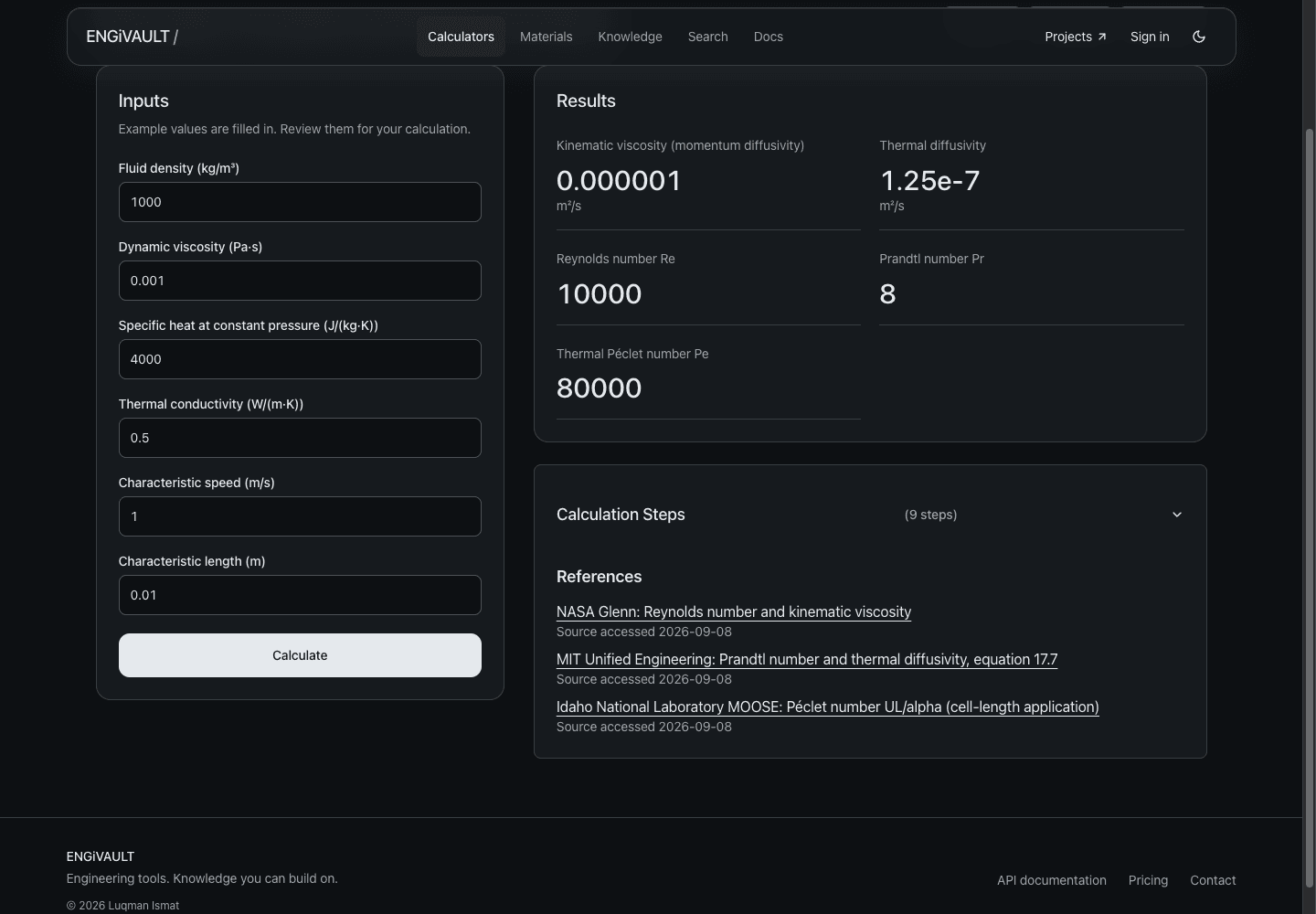 EngiVault calculator with engineering inputs and results